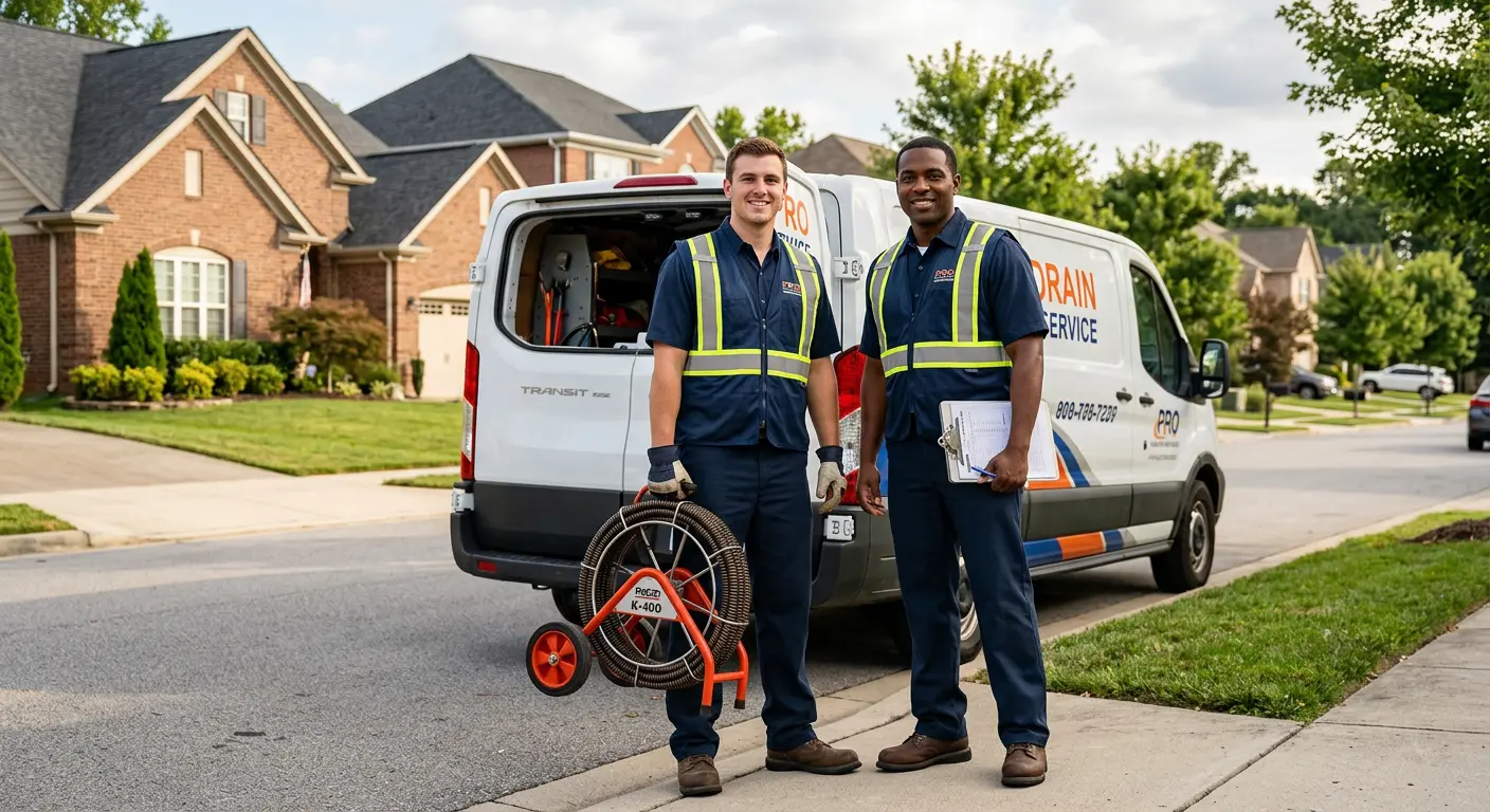 Sewer and drain service team with equipment ready for work in South Boston