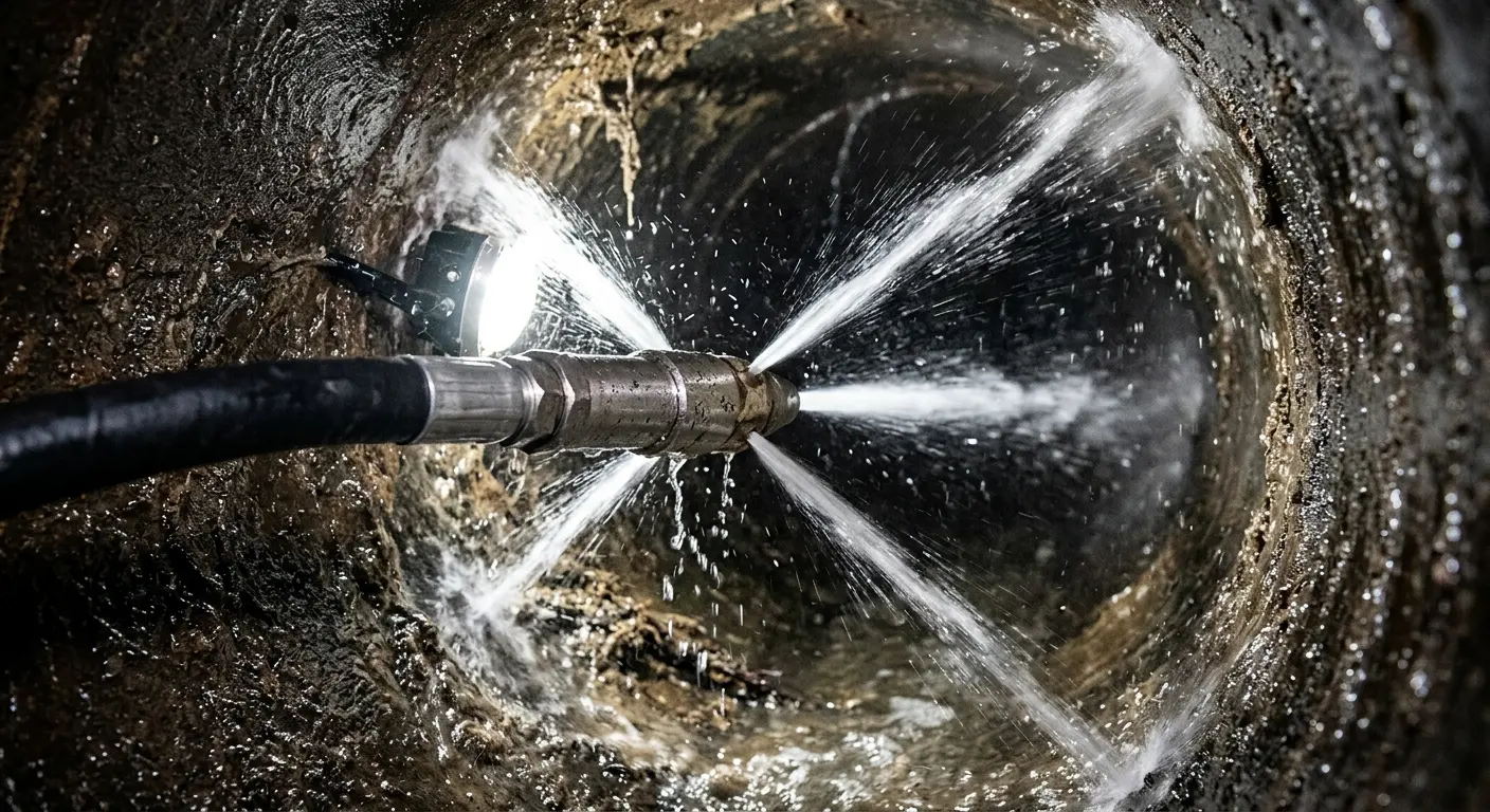 High-pressure hydro jetting nozzle cleaning sewer pipe for Emergency Drain Service in South Boston
