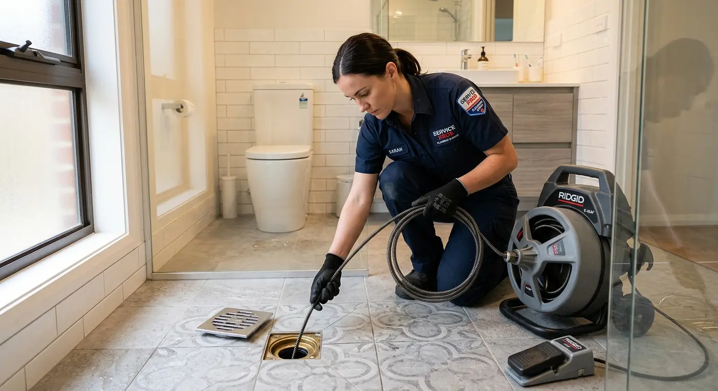 Technician clearing a bathroom floor drain for Drain Repair in South Boston